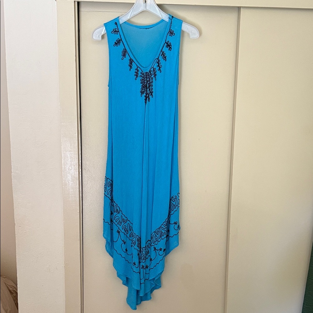 Blue Asymmetrical Handkerchief Hem Dress with Black Embroidery